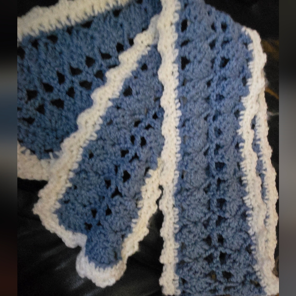 Homemade Artisan Blue & White Crochet Scarf 60" - Picture 4 of 6